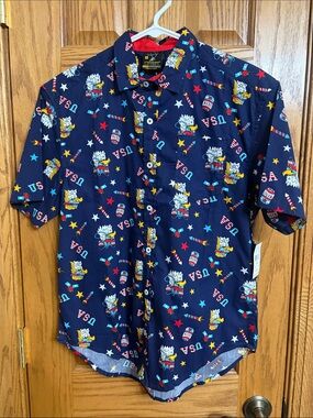 Men's Navy Short-Sleeve Button-Up Shirt - Patriotic Print